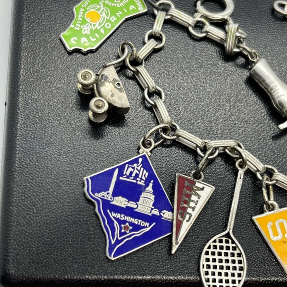 Vintage sterling silver charm bracelet enamel 11 charms some movable - Picture 2 of 16